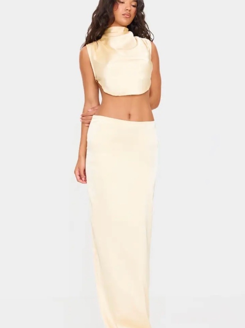 Cream Maxi Skirt - Sleek High-Waist Women's Skirt and Cowl Neck Top - Set